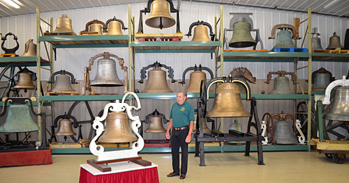 Bob Brosamer with some of his used church bells